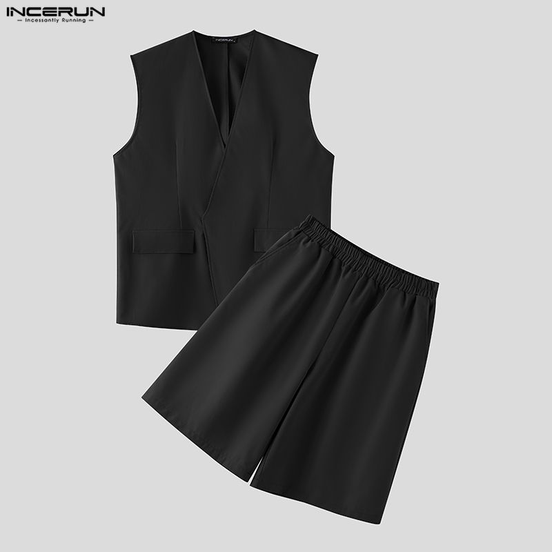 Mens Fashion Summer - INCERUN 남성 세트 솔리드 컬러 V넥